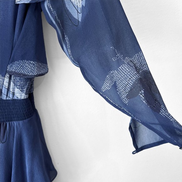 NEW! HALSTON HERITAGE 100% Silk Flutter Floral print Dress, Blue Moon, Sz 0 - Picture 8 of 15